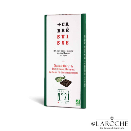 Carré Suisse, 71%  Dark chocolate Lime & Green peppercorns ORGANIC