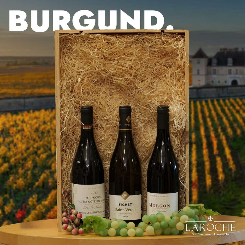 The three Burgundy wines in the wooden box