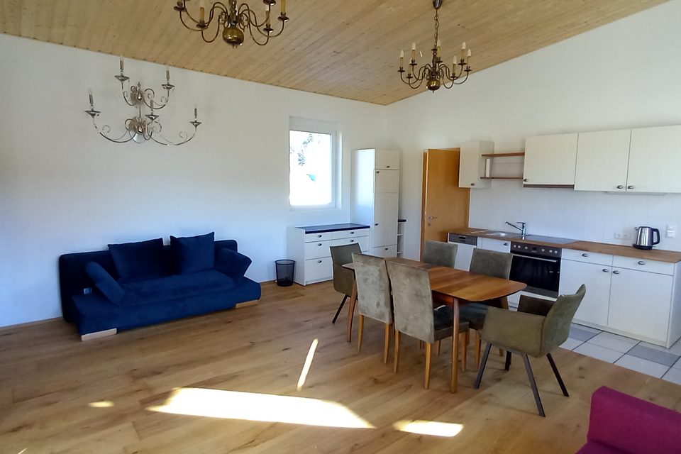 Der Wohnraum der Gästewohnung mit Sofa, Esstisch und Küche